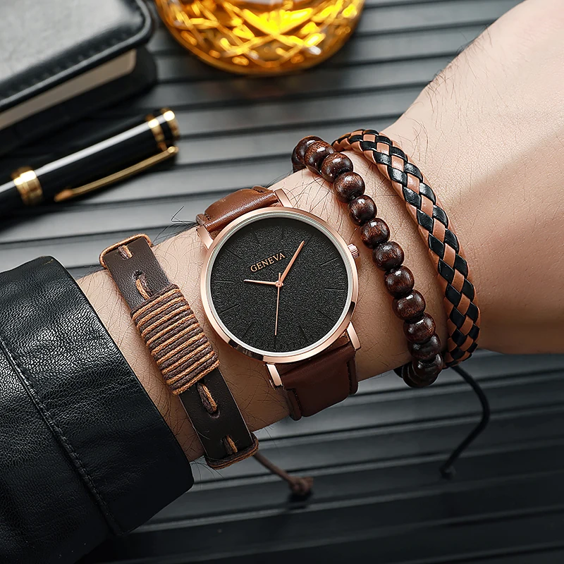 

Нет подарочной коробки; новые деловые мужские часы, простой кожаный ремень, кварцевые часы, браслет с бусинами, набор из 4 предметов