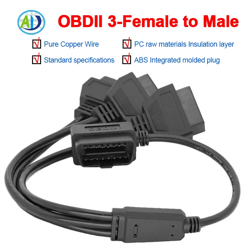 

OBDII Car Diagnostic Cable 1 Male to 3 Female Converter Adapter L Style OBD2 Splitter Extension Cable uesd Pure Copper Wire