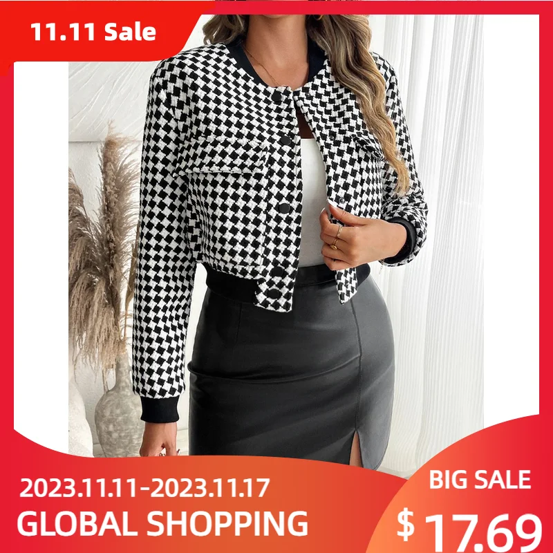 

New Autumn Winter Women Fashion Plaid Tweed Cardigan Short Coat With Pocket Single Breasted Jacket For Women Outwear 2024