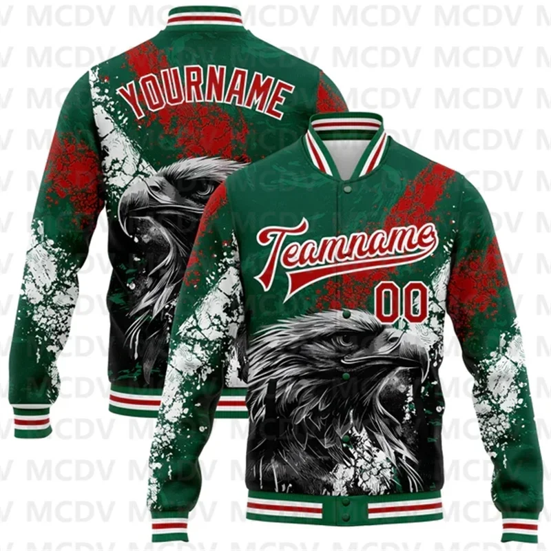 Custom White Kelly Green-Red Mexico 3D Bomber Full-Snap Varsity Letterman Jacket