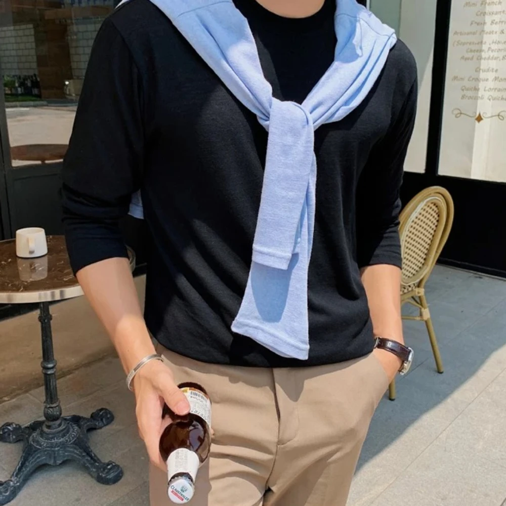 Summer Men's Thin Breathable T-shirt Solid Color Casual Round Neck Tshirts Long Sleeve Sunscreen T-shirt Sweatshirt Men Clothing