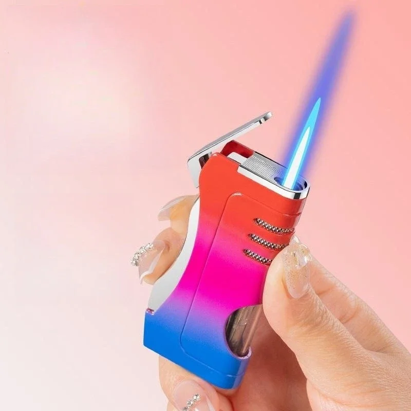 Windproof Direct Blue Flame Lighter Creative Side Press Ignition Metal Body Cigarette Lighter Butane Gas Portable Lighter