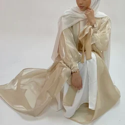 Customized 2025 Eid Abaya Dubai Puff Sleeves Muslim Dress Silky Turkey Kaftans for WomenRobe Kimono Islam Abayas Femme Musulmane