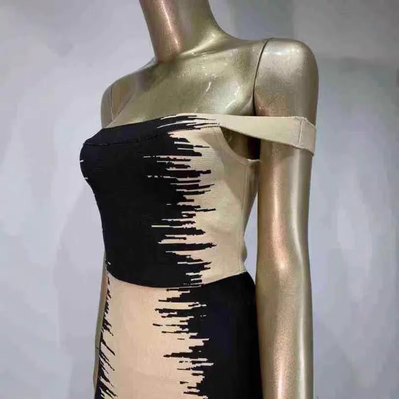 Customized Evening Dress Off Shoulder Gradient Splash Ink Black White Print Stretch Knit Bandage Slim Fit Midi Bodycon