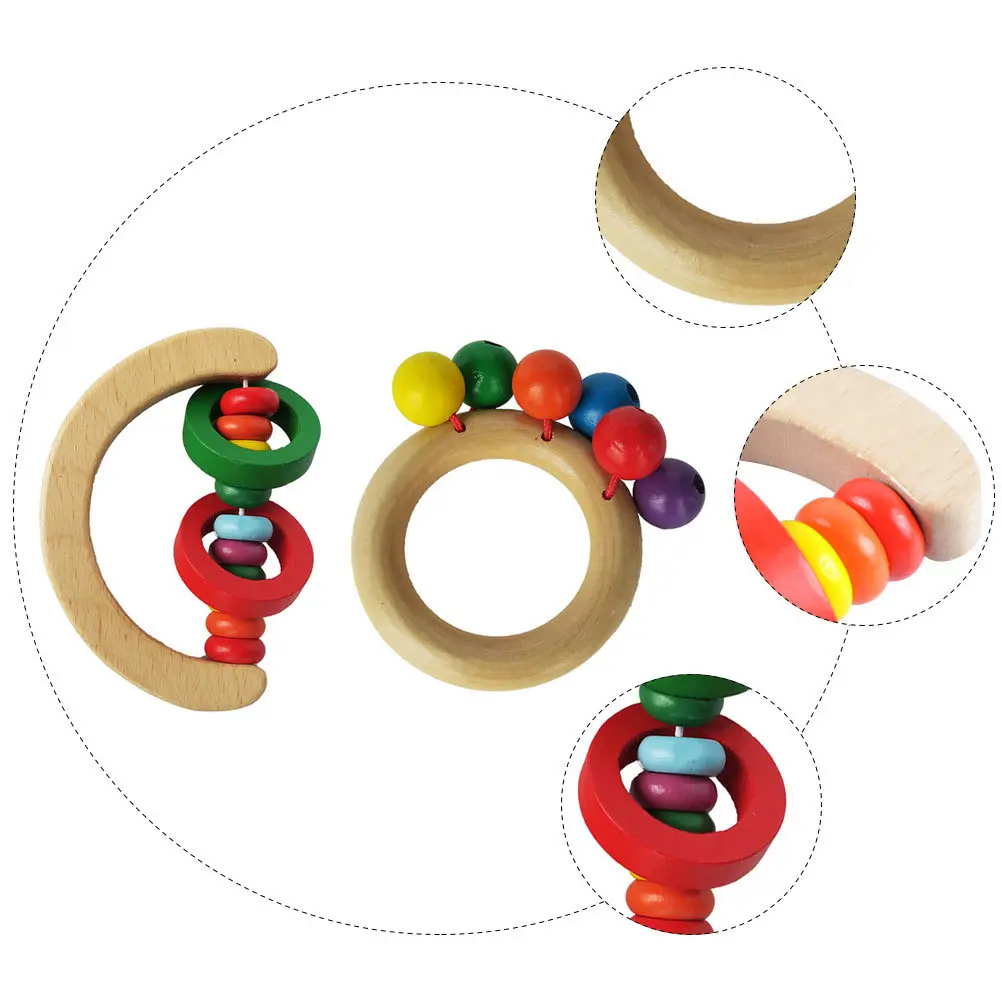 2 قطعة خشخيشة خشبية ملونة الطفل Handbell ألعوبة تعليمية مبكرة للتطوير الحسي للرضع والتنسيق بين اليد والعين