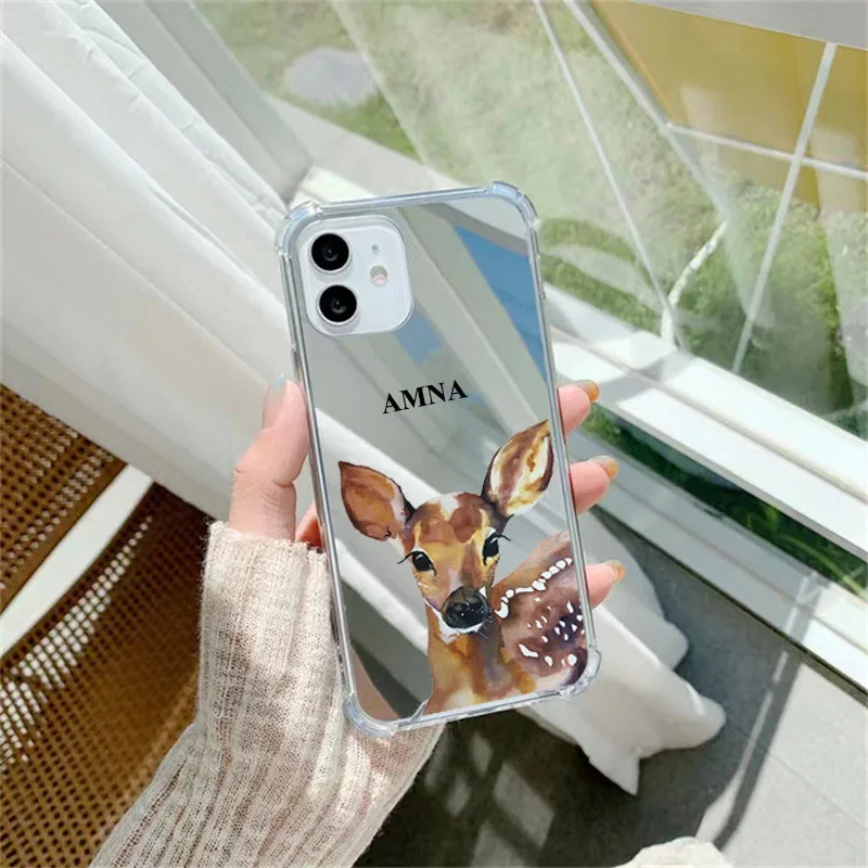 اسم مخصص لطيف الحيوان مرآة القضية آيفون 14 13 12 15 16 برو ماكس حافظة للصدمات آيفون 11 XS XR 14 15 زائد الحالات