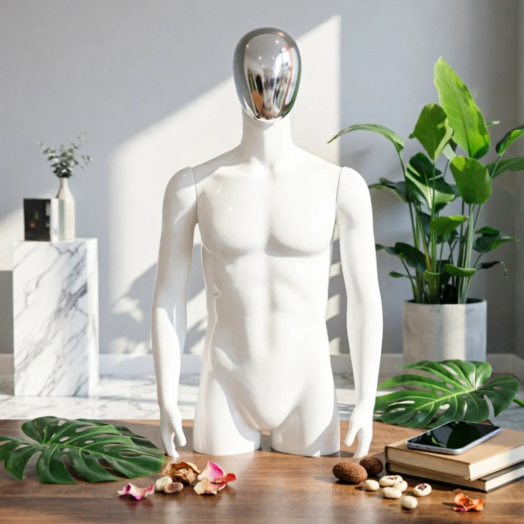 

Male Mannequin with Arms Upright Half-Body Mannequin Display Form Streamlined Realistic for Retailers, Product Photography