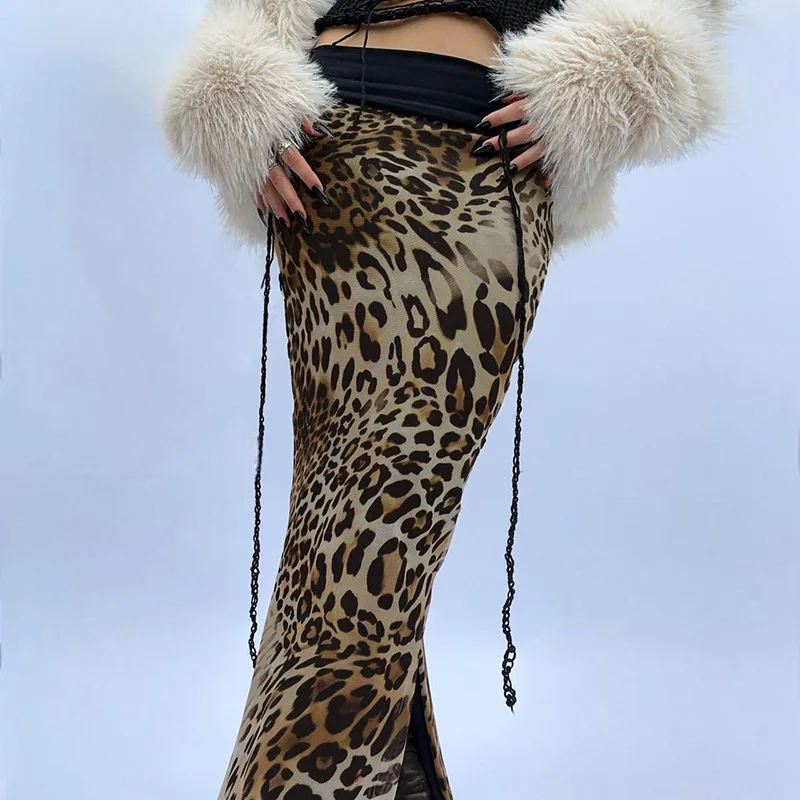 Spice Girl double back round waist hollowed out leopard print skirt low waist slit straight skirt