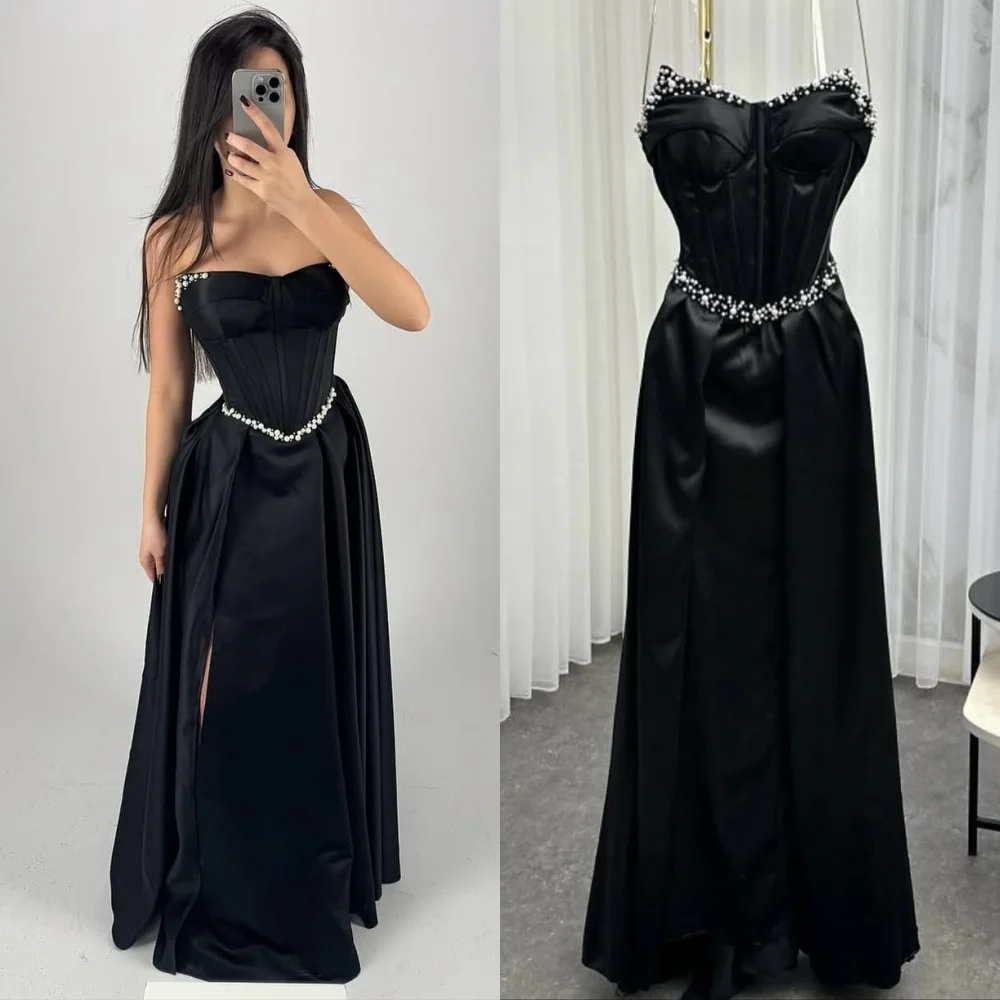 

Customized Modern Style Elegant Charmeuse Pearl Ruched Straight Strapless Long Dresses Bespoke Occasion Dresses Formal Fashion