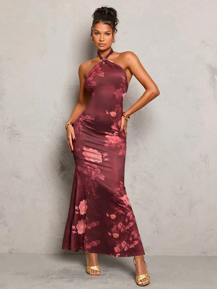 Três irmãs moda nova sexy férias à beira-mar vestido de verão mulher 2025 elegante baile de formatura impressão sem costas sem mangas cintura vestido fino