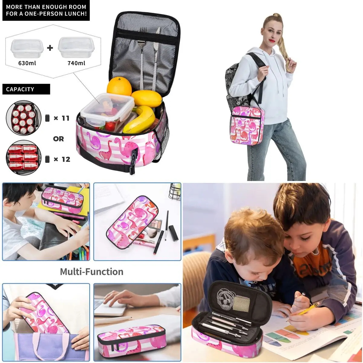 Sacs à dos à rayures D37d'interconnexion pour enfants, cartable rose pour garçons et filles, sacs d'école pour enfants, sac à déjeuner pour enfants, sac à stylo, ensemble de 3 pièces