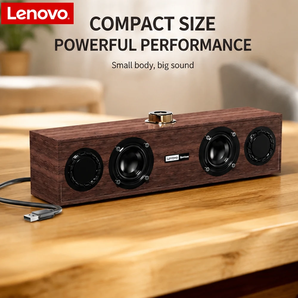 Lenovo C02 Wooden USB Speaker 360° Stereo Soundbar Rich Bass Desktop Speaker For PC Laptop Gaming 2026 New Speaker