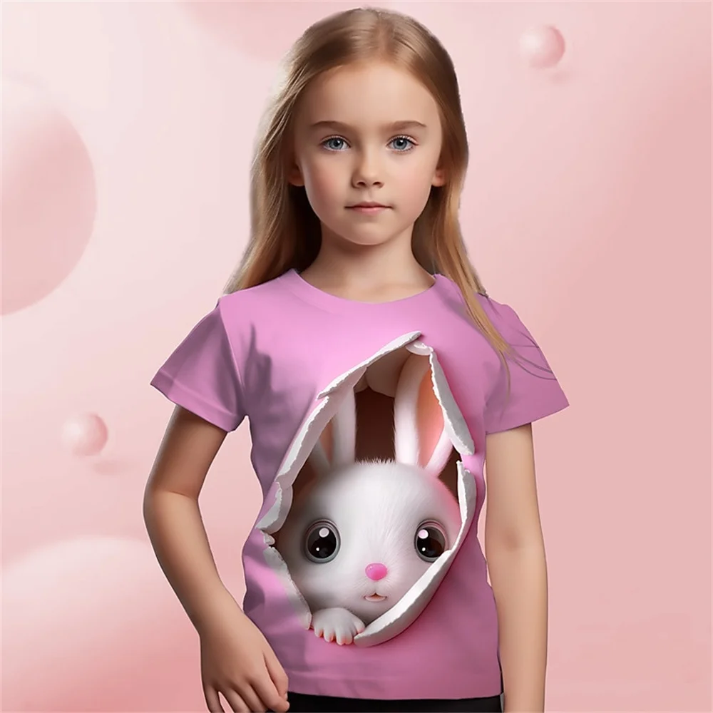 2025 camiseta con estampado 3d de conejo Animal para niñas, camisetas bonitas para niñas, camiseta de regalo para niños, camiseta informal de manga corta, ropa para niños