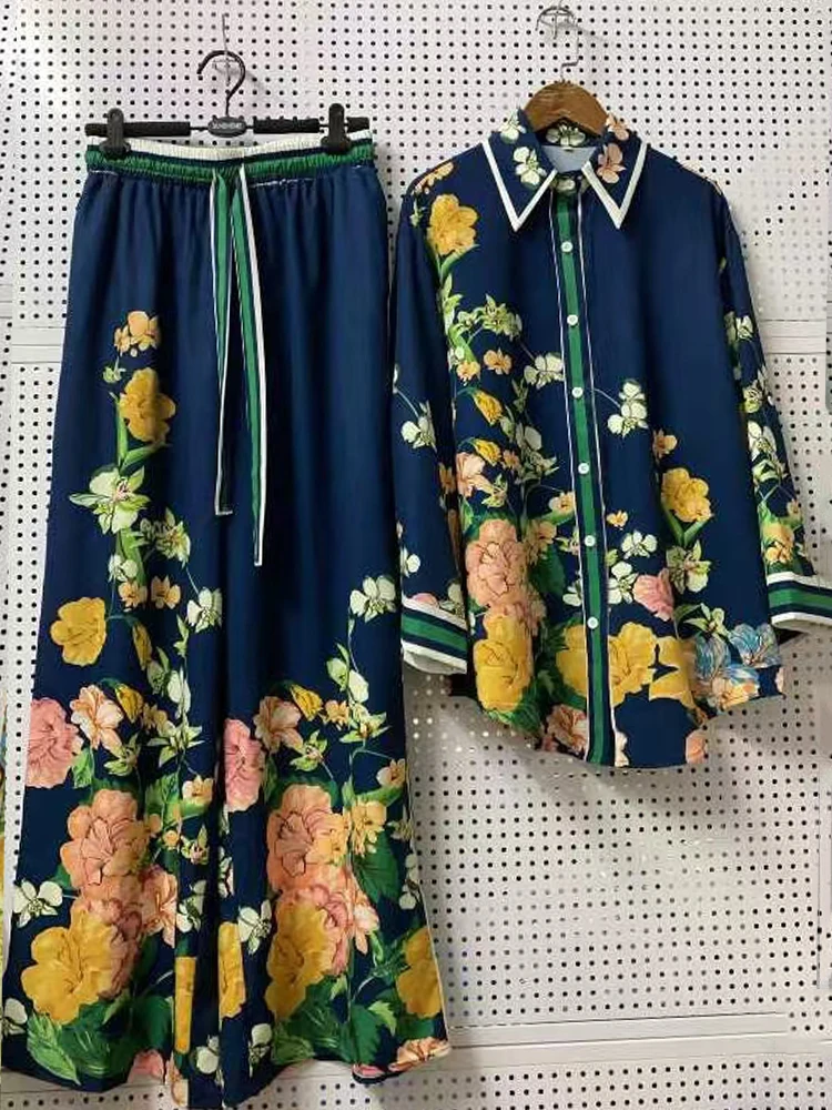 

Vintage geometric print lapel long-sleeved shirt two-piece 2025 Spring women's wear + baggy wide-leg pants fashion suit