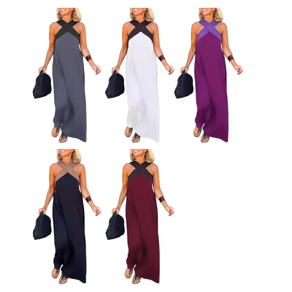 Summer Casual Loose Beach Boho Dress New Women's Fashion Cross Sexy Beautiful Back Holiday Maxi Dresses For Women Robe Female