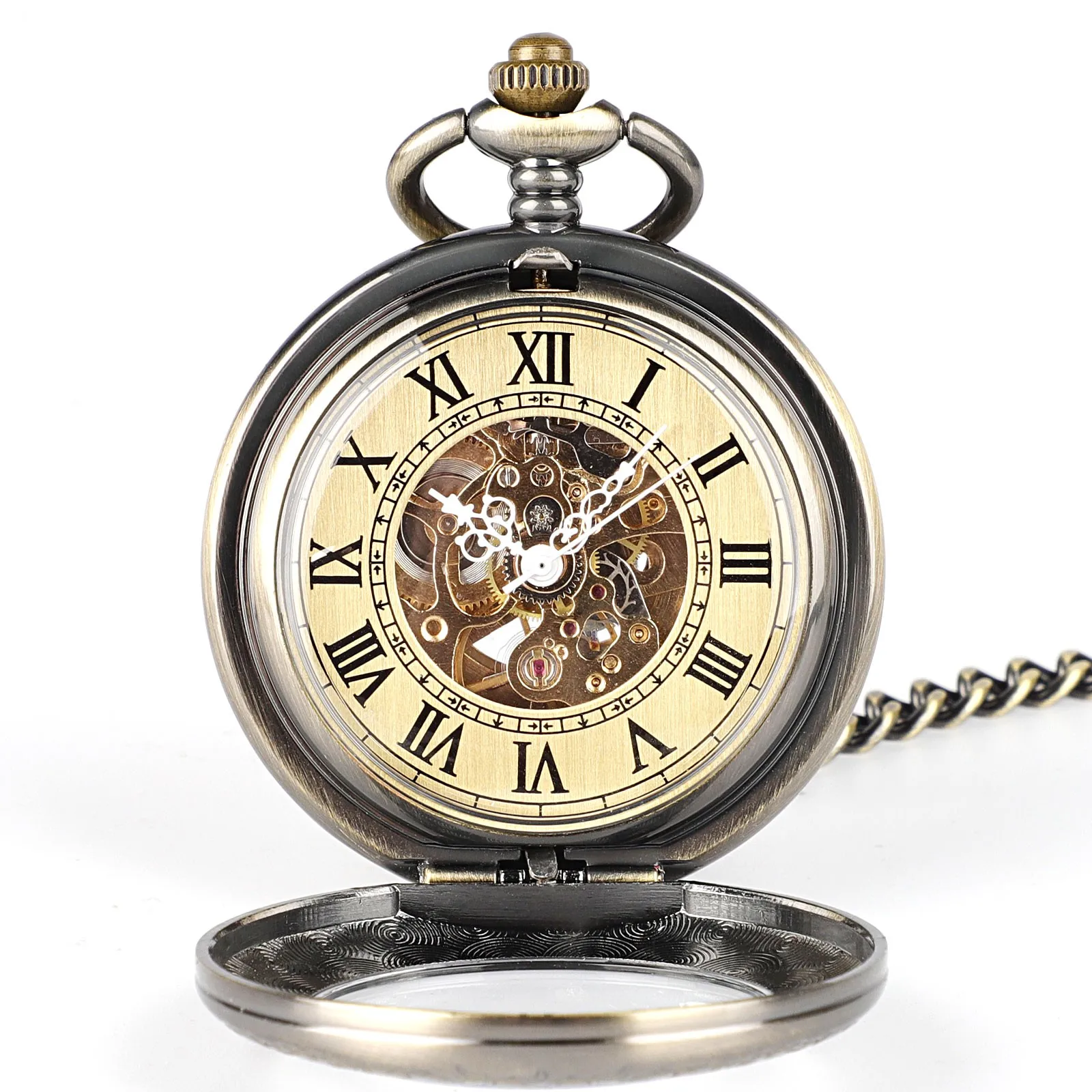 Vintage Style Roman Number Dial See Through Bronze Tone Case Mechanical Pocket Watch Men Skeleton Dial Manual Wind 14.8in Chain