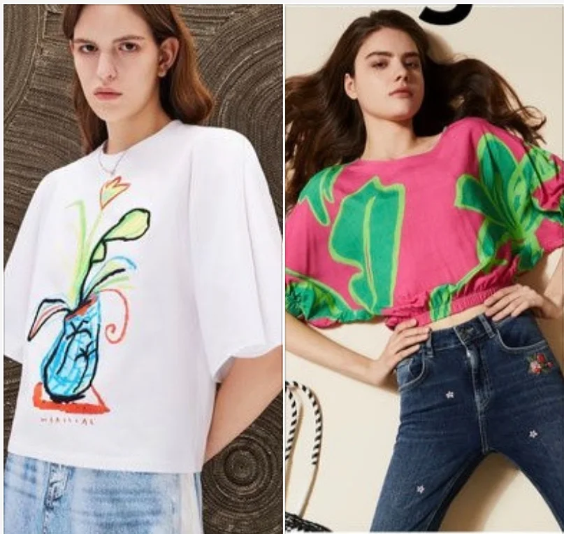 

Foreign trade original Spanish fashion luxury item, light and thin embroidered printed short shirt T-shirt