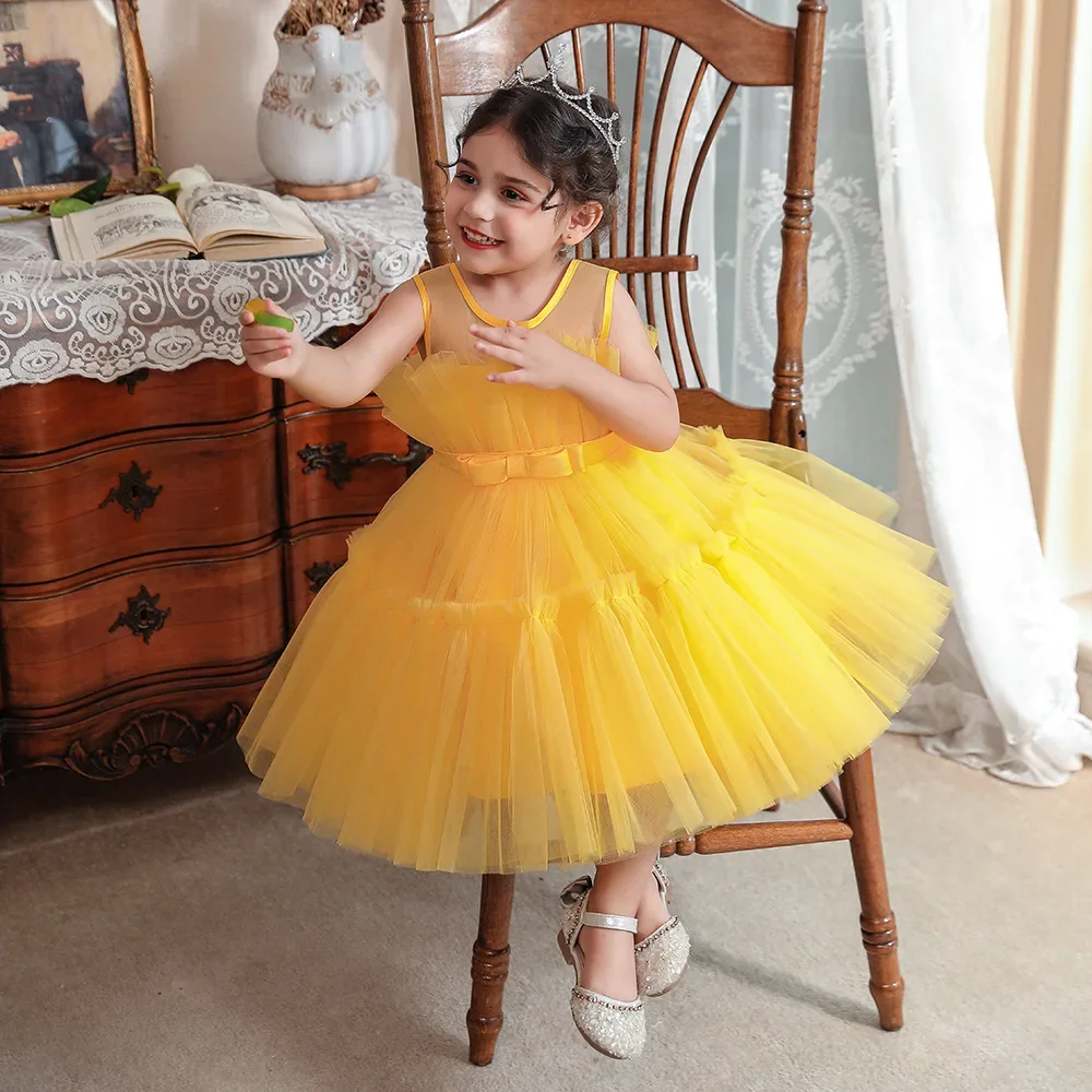 Fashion Solid Girls Dresses for Party and Wedding Mesh Lace Sleeveless Baby Girls Dress Summer Children Girls Dress 1-7 Years
