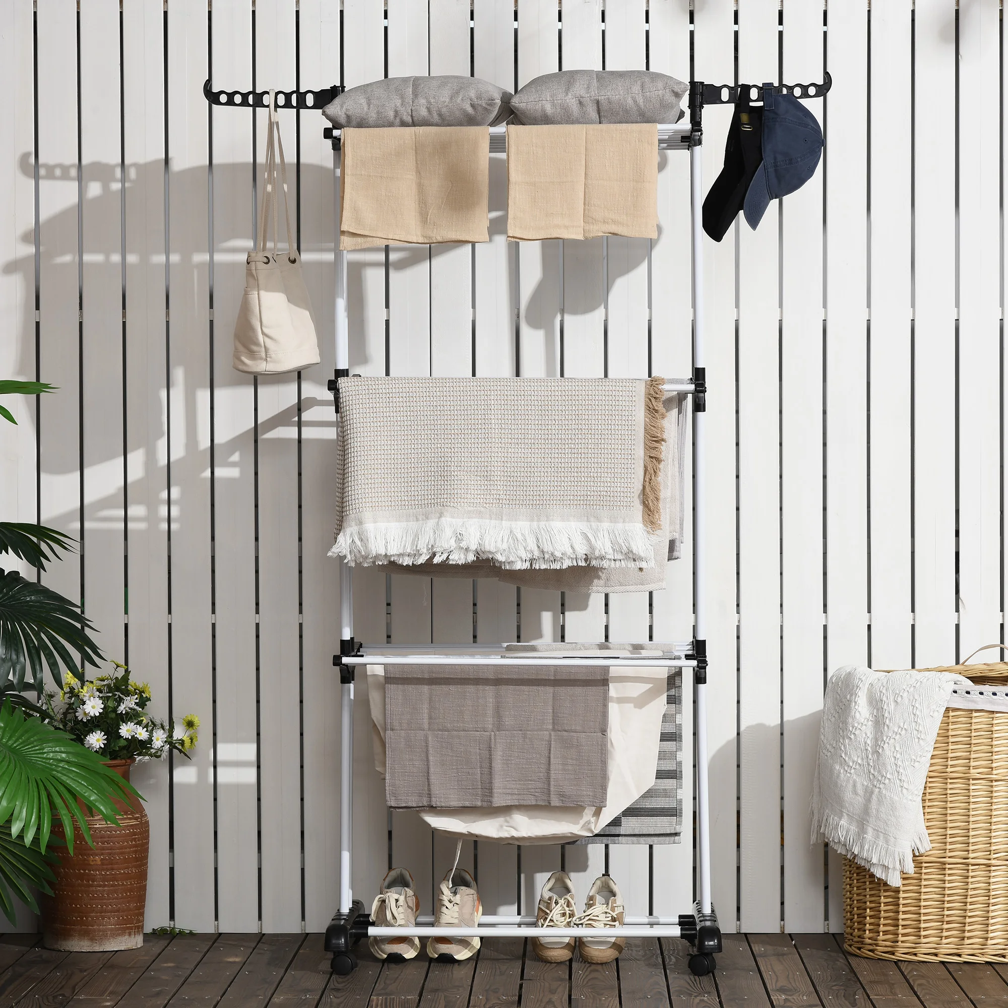 HOMCOM folding clothes rack with 3-tier wheels with wings 73x64x177cm