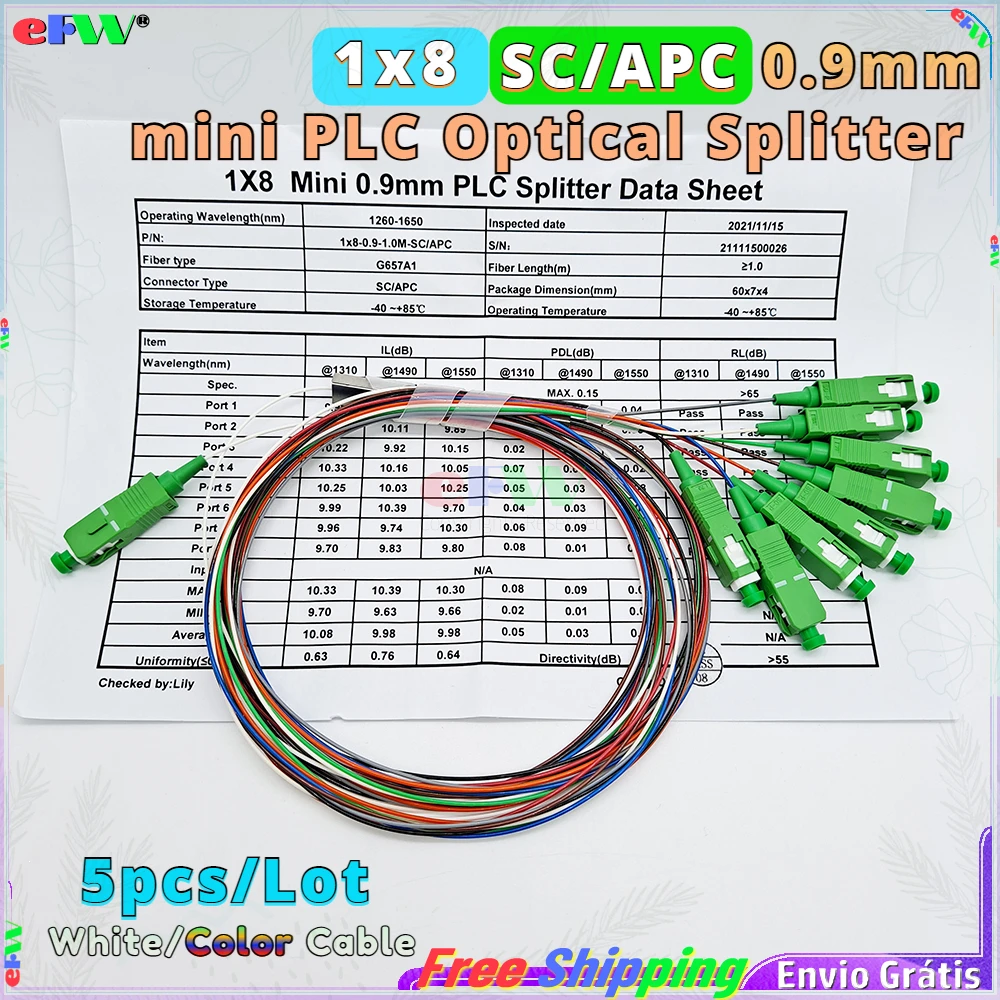 

5pcs Frete gratis Fiber Optic Splitter SC/APC 1x8 mini 0.9mm PLC Splitter colored fiber FTTH 1*8 Optical Coupler 1-to-8 Splitter