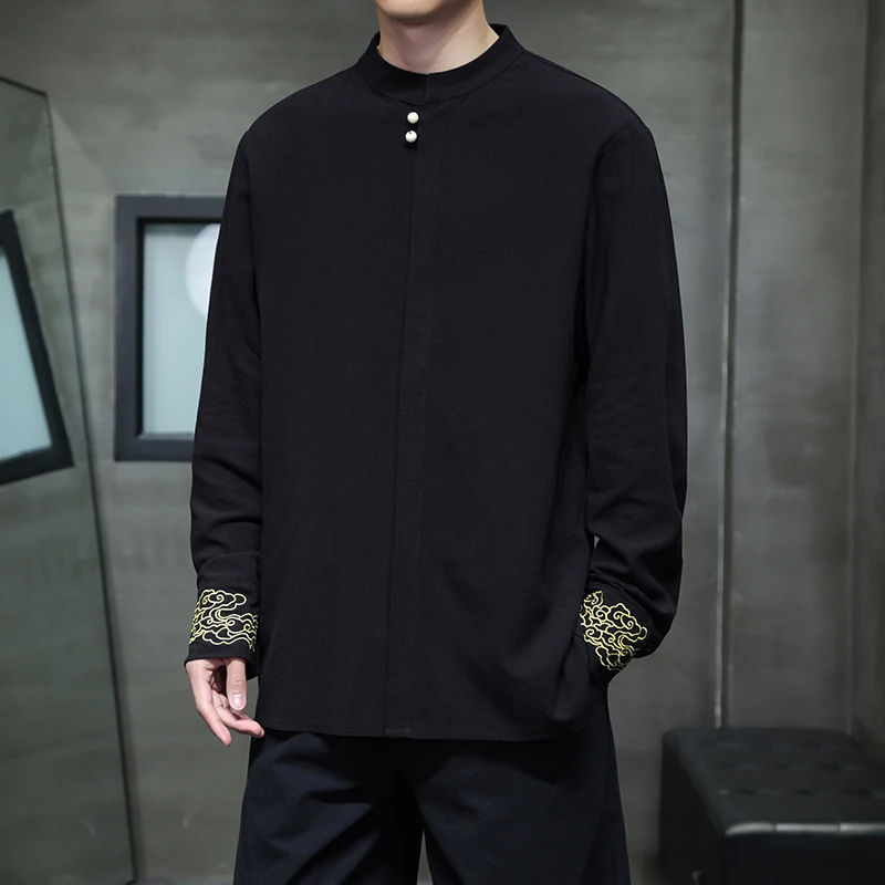Shirts Men High Quality Embroidered Chinese Style Retro Stand Collar Shirts Men's Linen Comfortable Breathable Casual Shirts Men