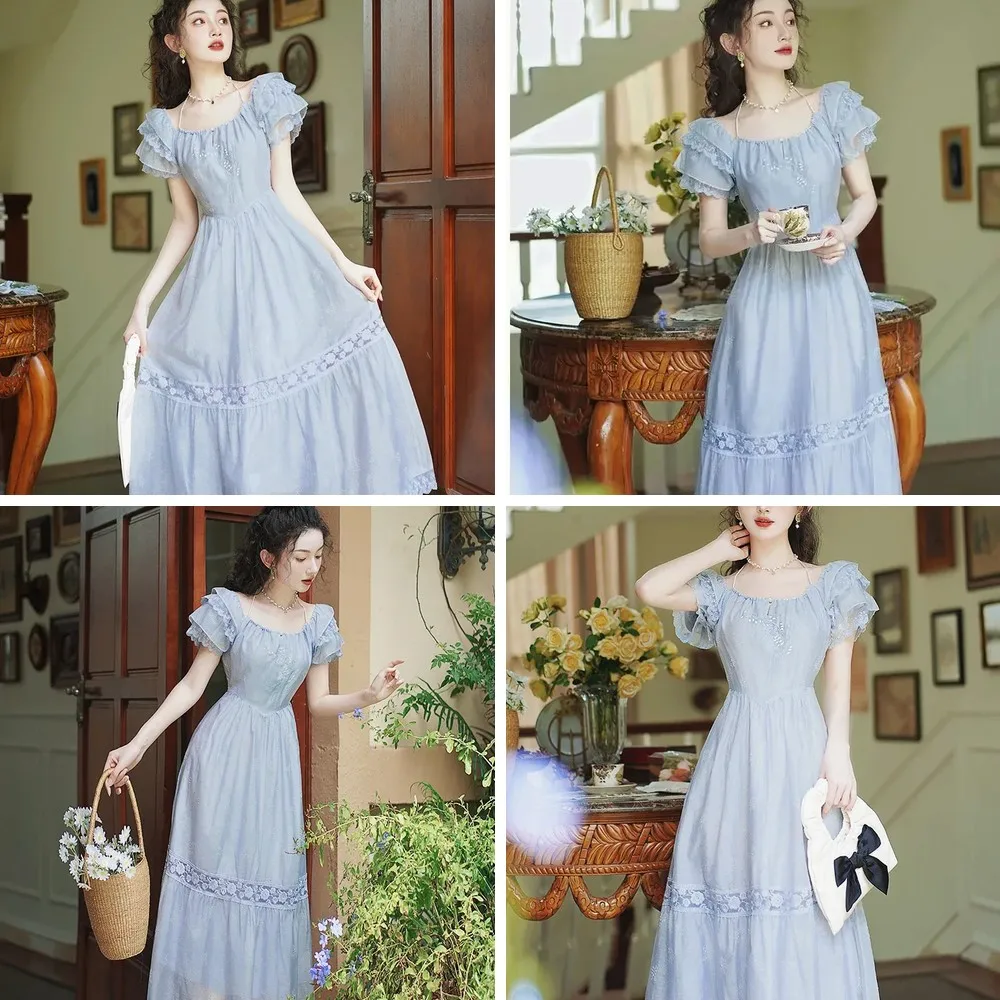

Vintage French Style Summer Dress with Lace Embroidery, Fairy Princess Midi Dress for Women