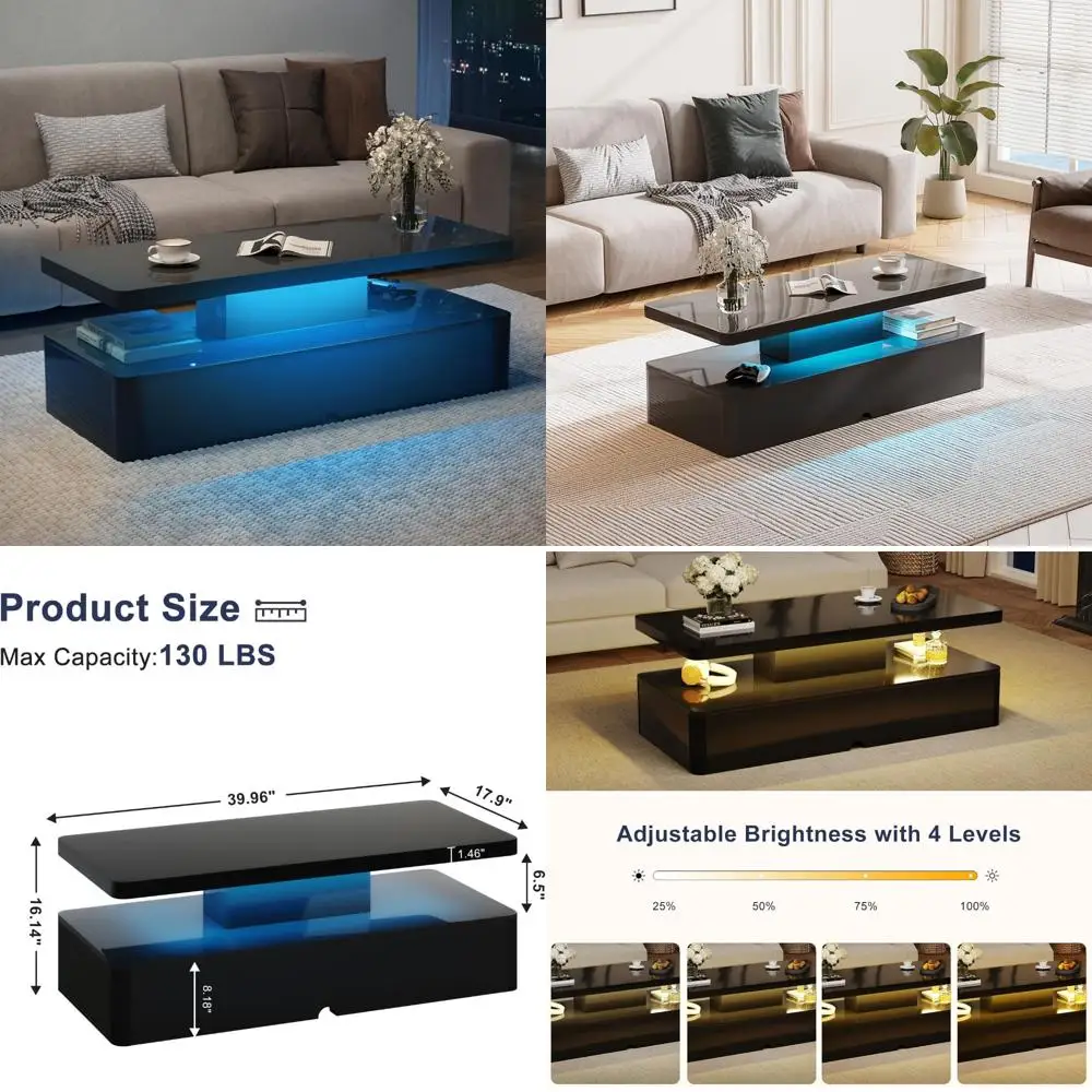 

40-дюймовый прямоугольный журнальный столик со светодиодной подсветкой, двухуровневым хранилищем и 16 вариантами цвета