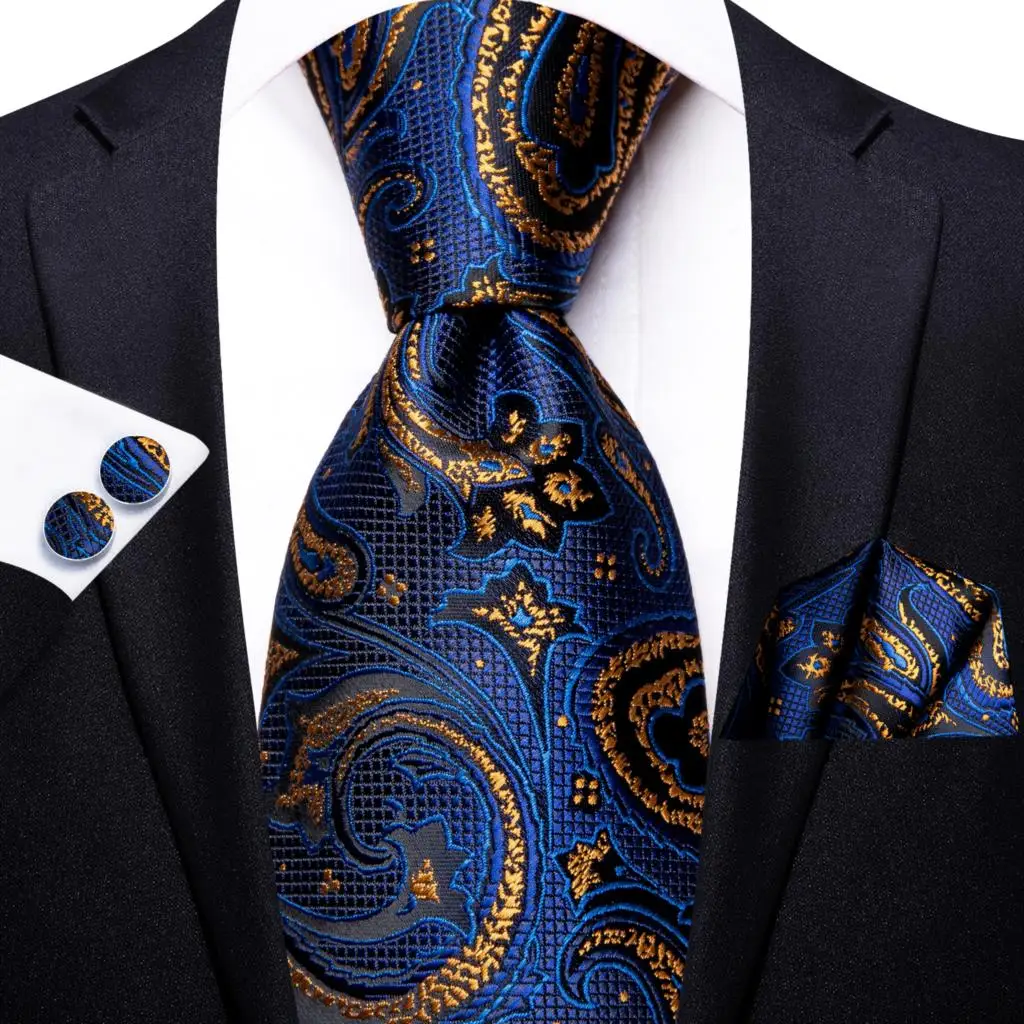 Hi-Tie – cravate de mariage en soie pour homme, bleu marine, solide, Paisley, boutons de manchette Hanky, ensemble de cravates pour homme, fête