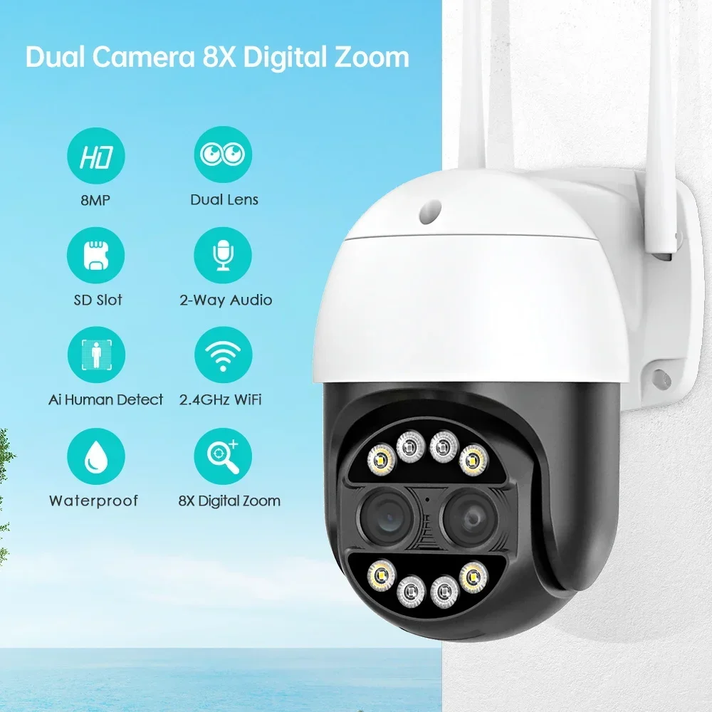 4K 8MP Dual Lens Wifi PTZ IP Camera Outdoor Color Night Vision 8X Zoom Wireless Home CCTV Security Surveillance Camera ICsee 4MP