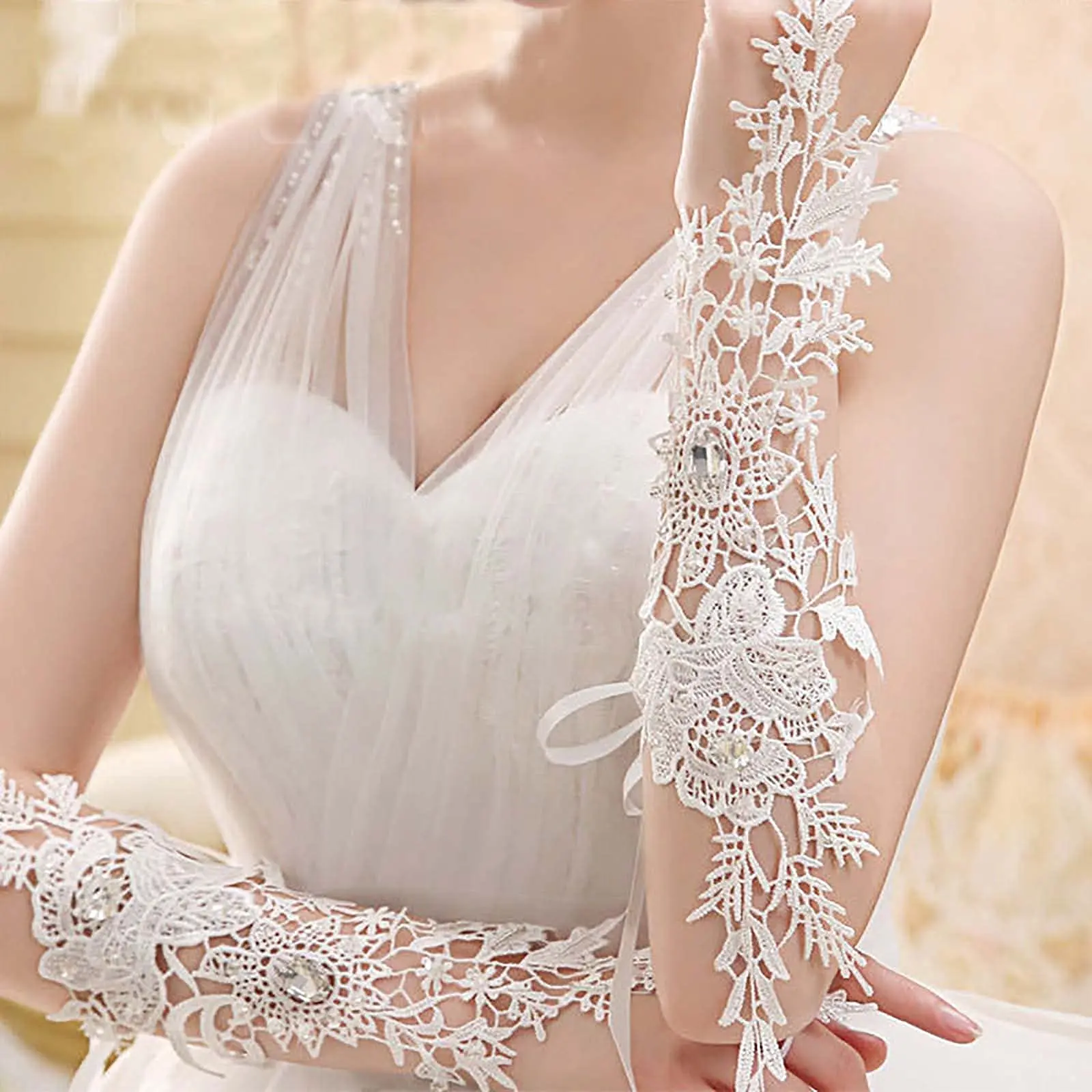 Crystal Women\'s Wedding Gloves Fingerless Elbow Bridal Gloves Floral Ivory Long Gloves Wedding Accessory for Bride