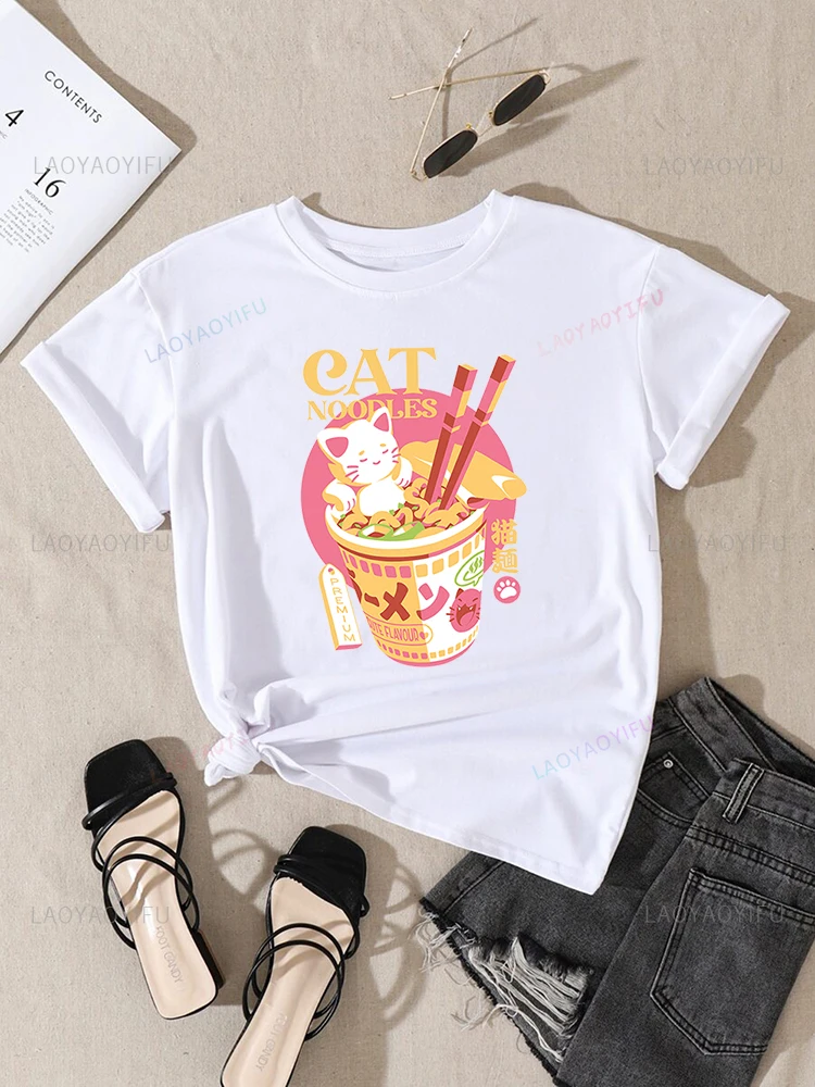 Kawaii Women T Shirt Cat Moodles Cute Graphic Tshirts Female Harajuku Anime Tops Ladies Summer Cotton Camisa Masculina