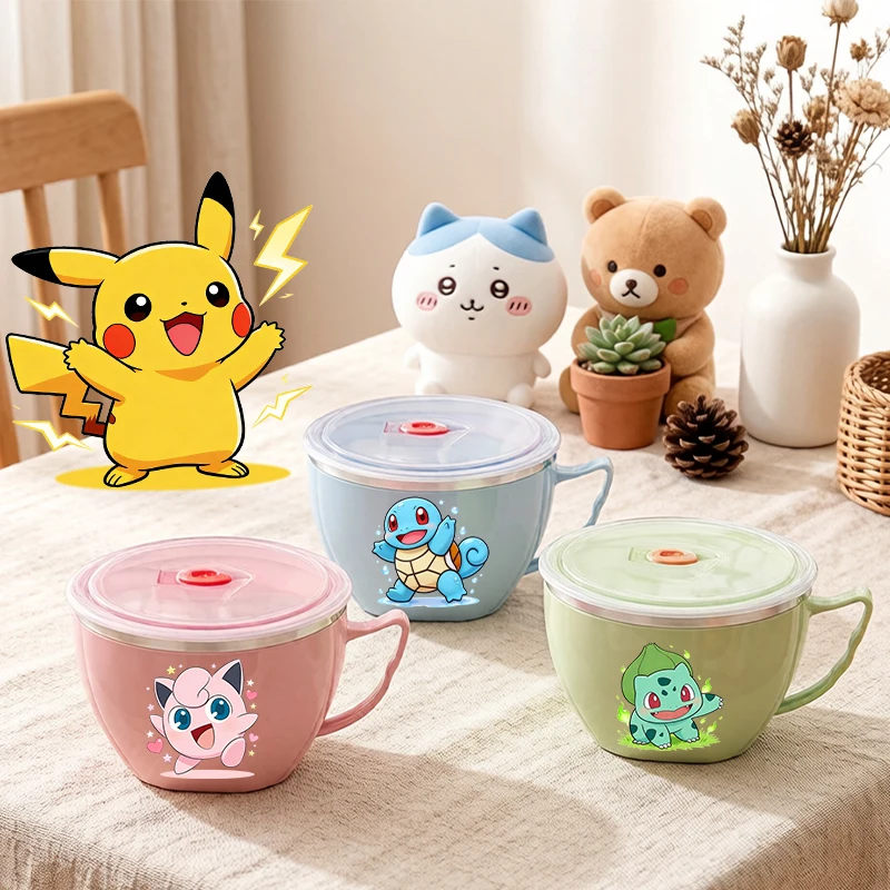 

Pokemons Cute Stainless Steel with Lid Instant Noodle Bowl for Anime Game Cartoon Boy Girl Double Insulated Anti-scald Lunch Box