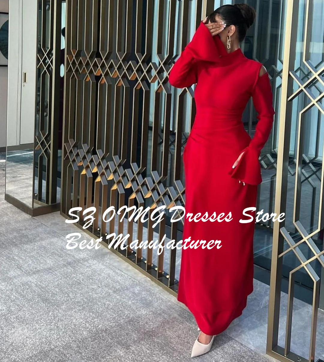 OIMG One Shoulder Red Prom Maxi Dresses Long Sleeves Customized Satin Ruched Sheath Elegant Evening Gowns Formal Party Dress