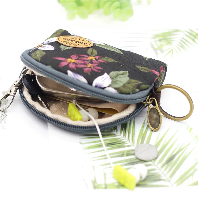 Cotton Women\'s Floral Keychain Wallets Small Card Organizer Key Pouches Ladies Money Bags Coin Purses 2024 for Children Girls