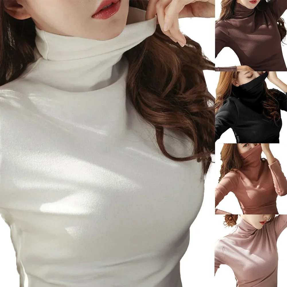 Top Women\'s Tops Long Sleeve Plain Winter Stretch Polyester Slight Strech Solid Blouse Solid Color Turtleneck Basic