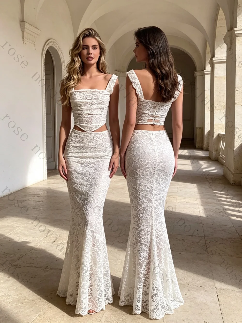 Customized Two-piece Bohemian Lace Square Neck Wedding Dresses with 2026 Suspender and Exposed Navel Satin Beach Bridal Gown