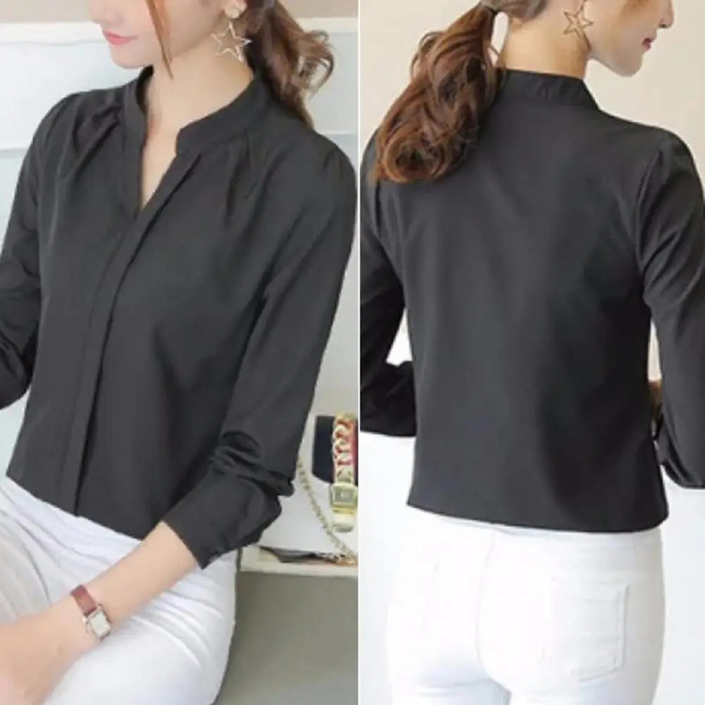 

Lightweight Women Top Slim Fit V-neck Women's Shirt Stylish Stand Collar Long Sleeve Solid Color for Workwear Commuting Casual