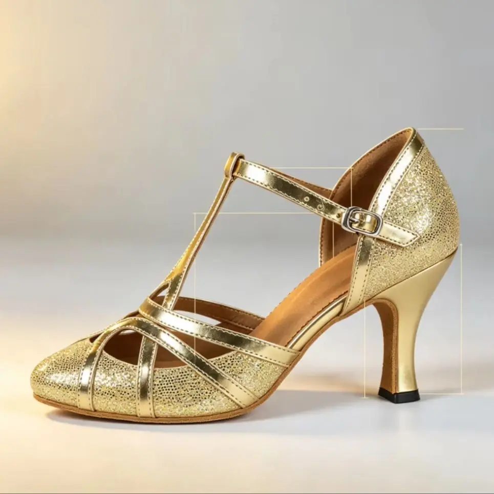 Women Gold Glitter Closed Toe Ballroom Dance Shoes T‑Strap Adjustable Buckle Suede Sole Latin Modern Waltz Tango Dancing Sandals
