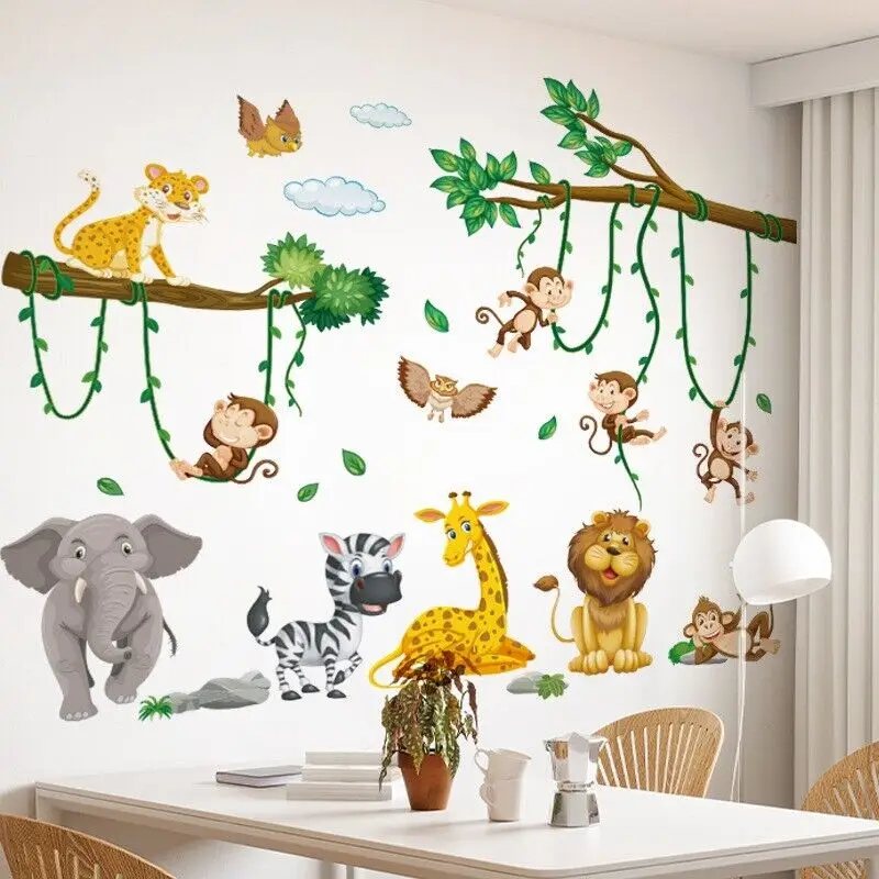 Large Jungle Animals Theme Wall Stickers for Boys Girls Baby Nursery Kids Bedroom Living Room Classroom Decorative Wall Decals