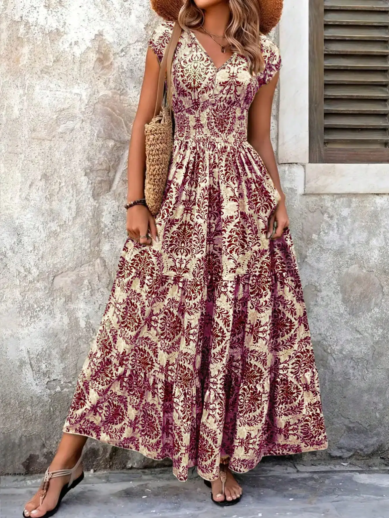 

V-Neck A-Line Maxi Dress with Floral Damask Print, Flowy Summer Dress
