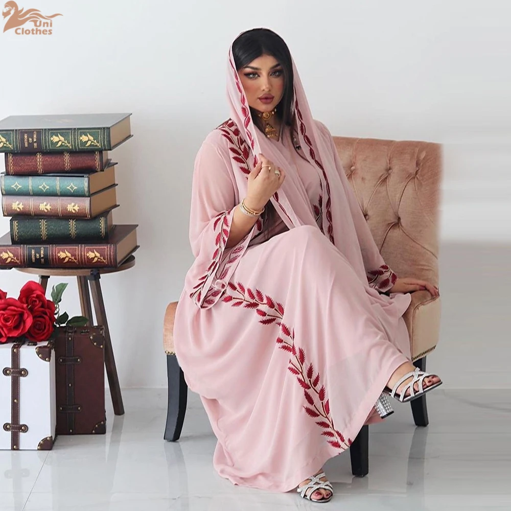 Eid mode musulmane broderie florale Abaya avec foulard en mousseline de soie tissu 2 pièces ensemble dubaï arabe col en v élégant robe à manches longues