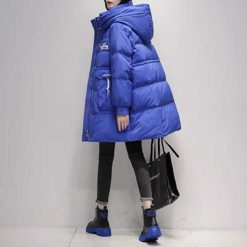 

Blue Down Jacket Women 2023 Winter New Korean Loose Fashion White duck down Coat Female Thicken Parka Mid length Casual Overcoat