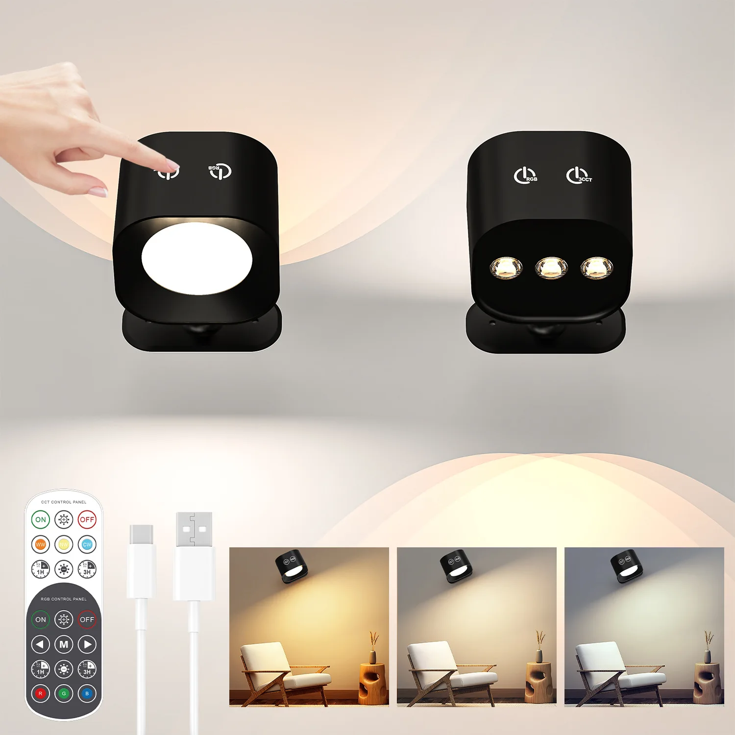 Led Double Side Wall Lamp Touch Control Remote 15 Colors Dimmable 360 Rotatable USB Recharge Night Light Bedroom Reading Lamp