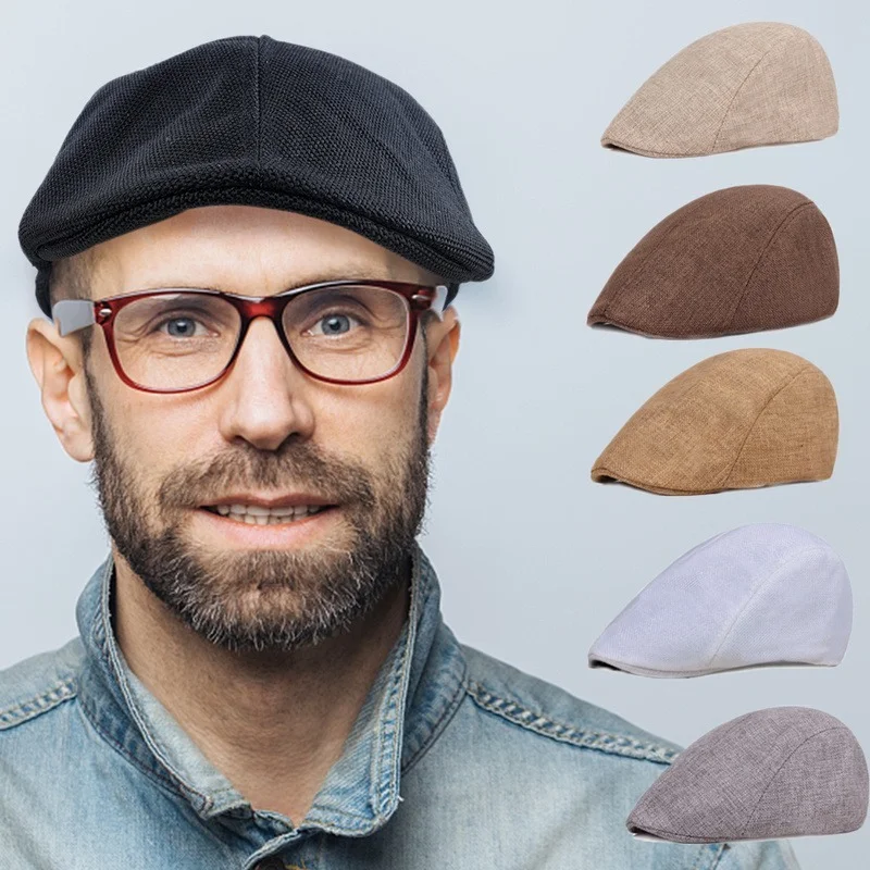 Men Fashion  Hat Solid Color Beret Hat Casual Street Caps Unisex Hemp Wild Octagonal Brim Cap for Men Winter Spring Hats