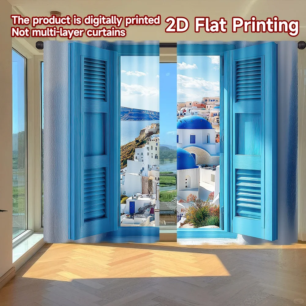 

2D flat printing 2pcs Curtains Blue Domes Sea View Digital Printed Polyester Drapes Festive Wall Decor Use for Indoor