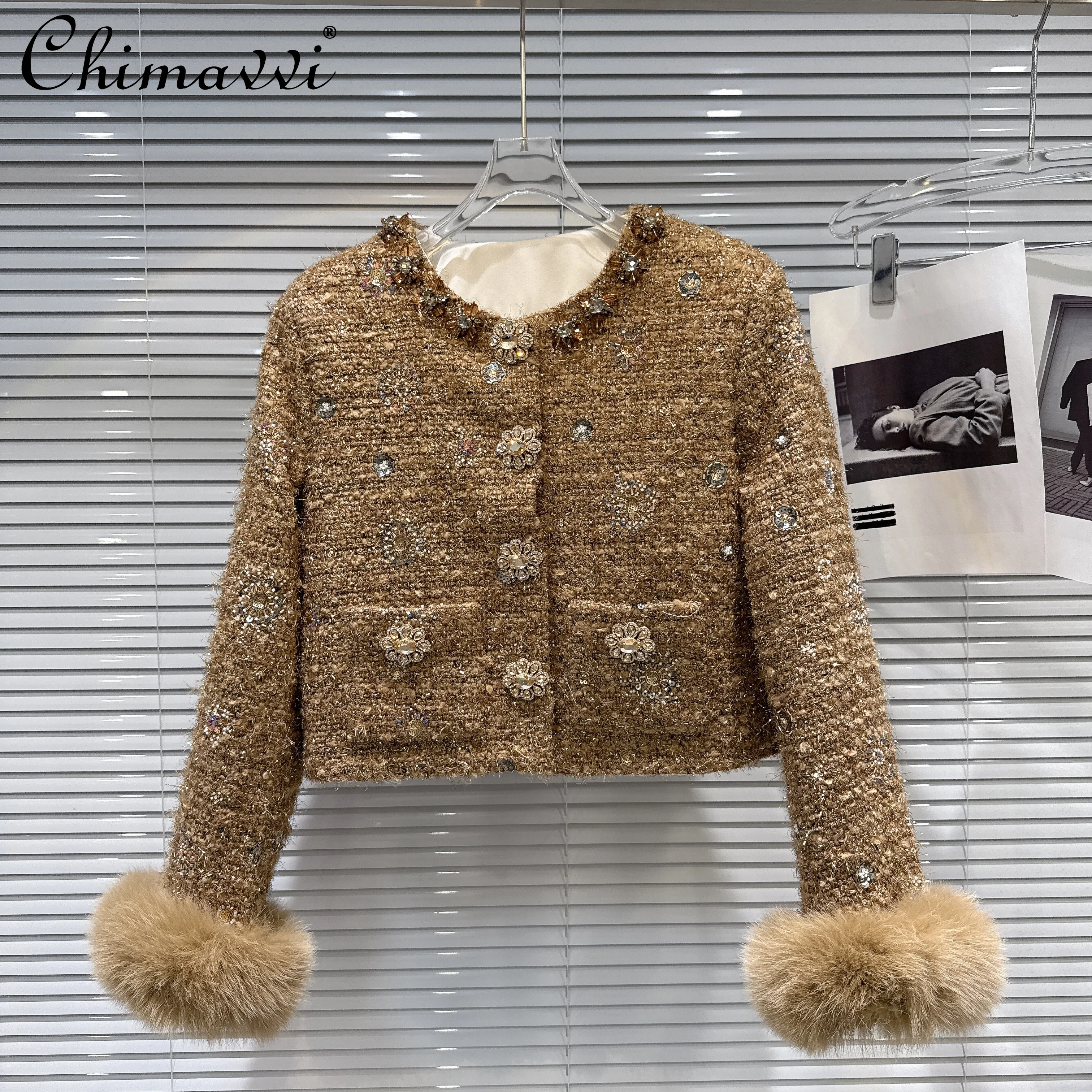 

Французское элегантное темпераментное светское пальто из искусственного лисьего меха с длинными рукавами, однобортное пуховое пальто, твидовые короткие куртки, женские зимние