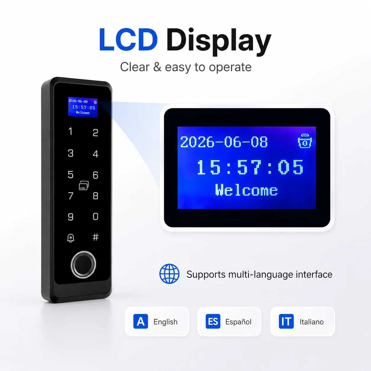 Tuya WiFi Keypad IP66 Waterproof Dual Frequency RFID Card Fingerprint Smart Access Control System with LCD Display Reset