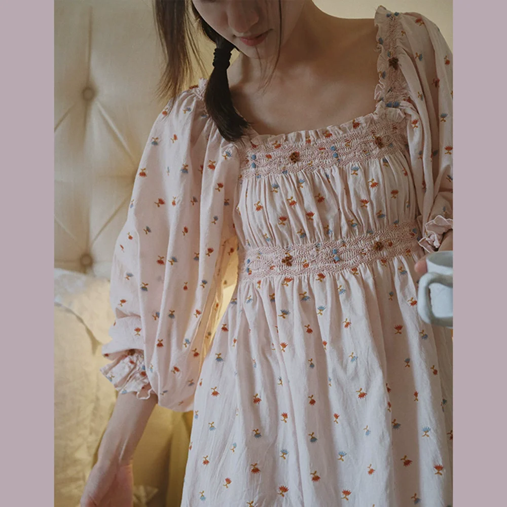 Women's Retro Fairy Beautiful High-end Embroidery Nightdress 100% Cotton Long Nightgown Morning Gown Loungewear Home Dress