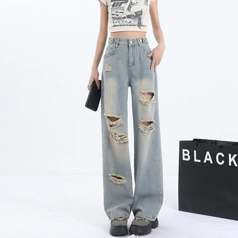 

Harajuku Boyfriend Style Wide Leg Cargo Denim Pants Y2k Vintage Washed Light Blue High Waist Loose Ripped Baggy Jeans for Women