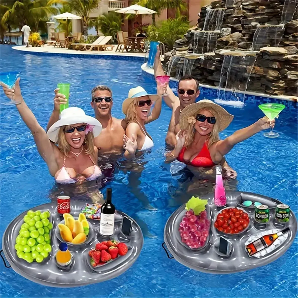 Aufblasbares schwimmendes Getränketablett – 8 Getränkehalter + Eisfach für Pool/Strand – für Getränke/Bier/Obst